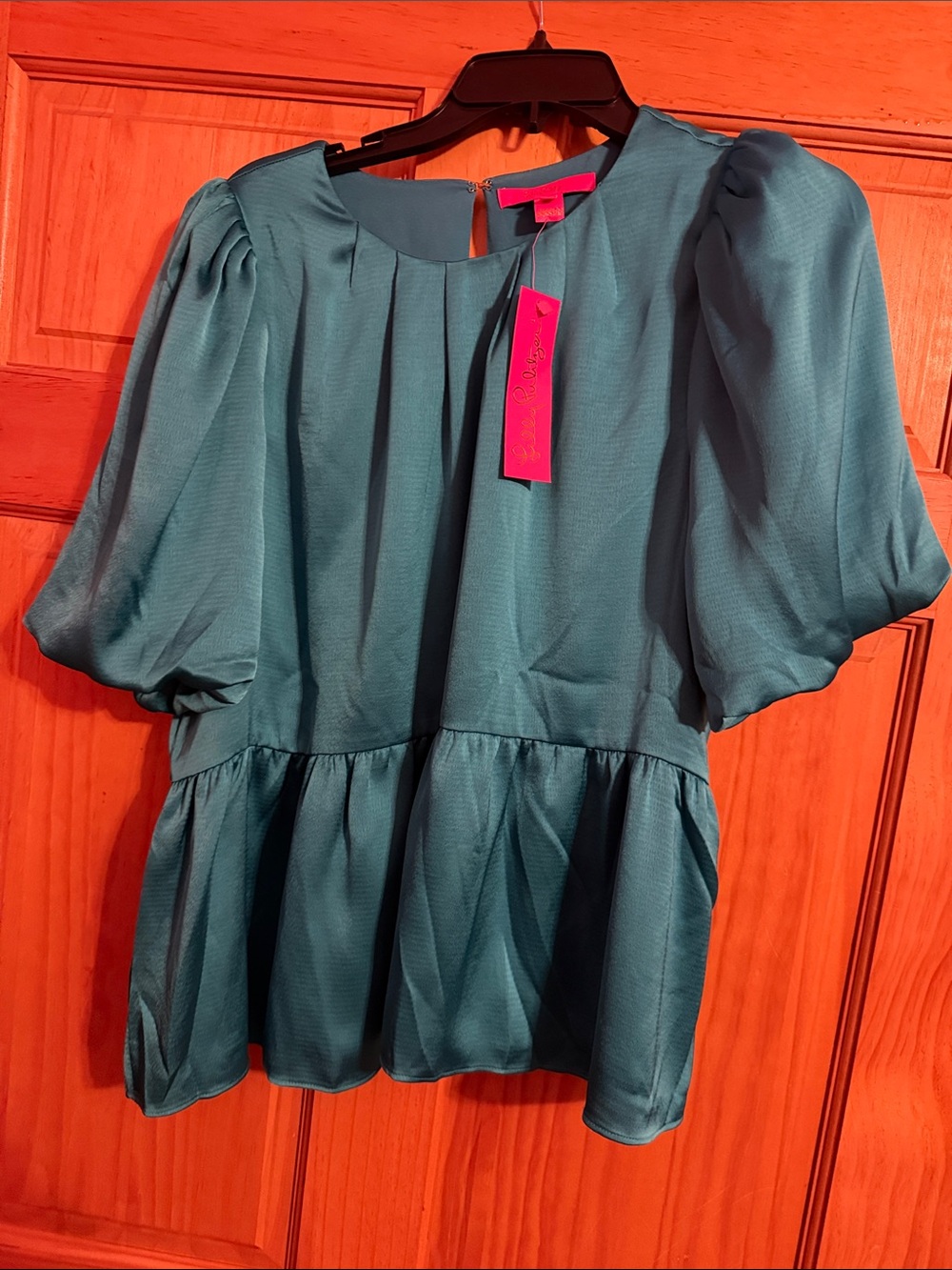 Lilly Pulitzer Teal Puff-Sleeve Peplum Top